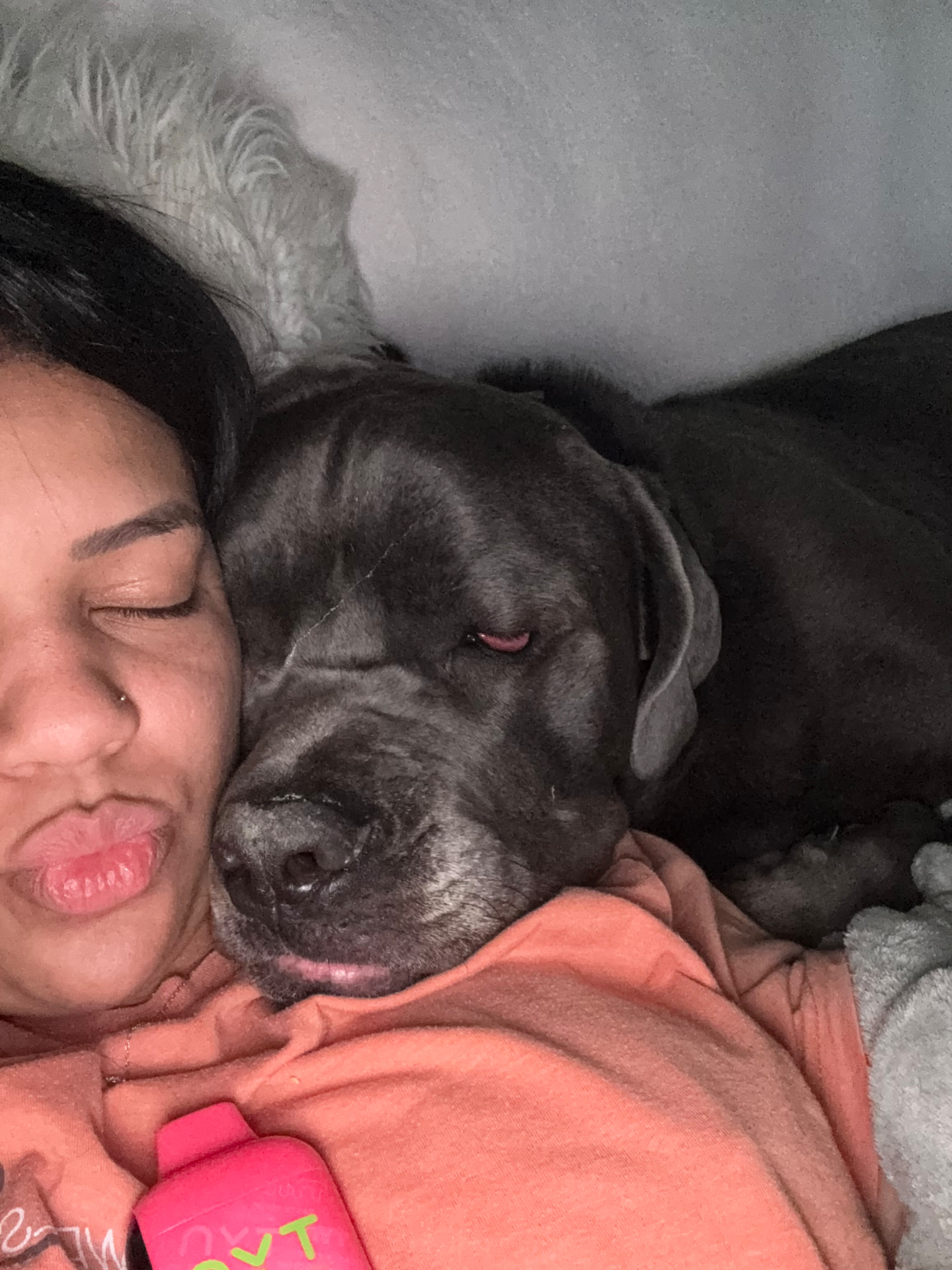 Karolyn hugging a large black Cane Corso